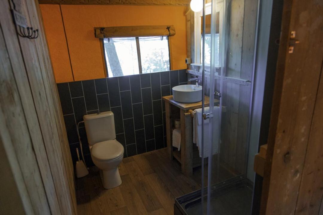 Rustykalna łazienka z prysznicem, umywalką i WC, drewniane ściany i ciemne płytki.